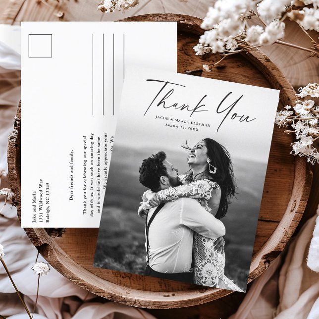 Modern Script Photo Wedding Thank You  Postcard (Modern script wedding photo thank you postcards.)