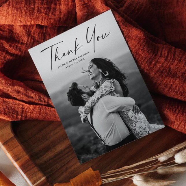Modern Script Photo Wedding Thank You Postcard (Modern script wedding photo thank you postcards.)