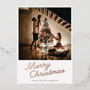 Modern Script Photo White Christmas Rose Gold Foil Holiday Card