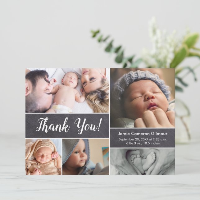 Modern Script Photos Chalkboard Baby boy Shower Thank You Card (Standing Front)