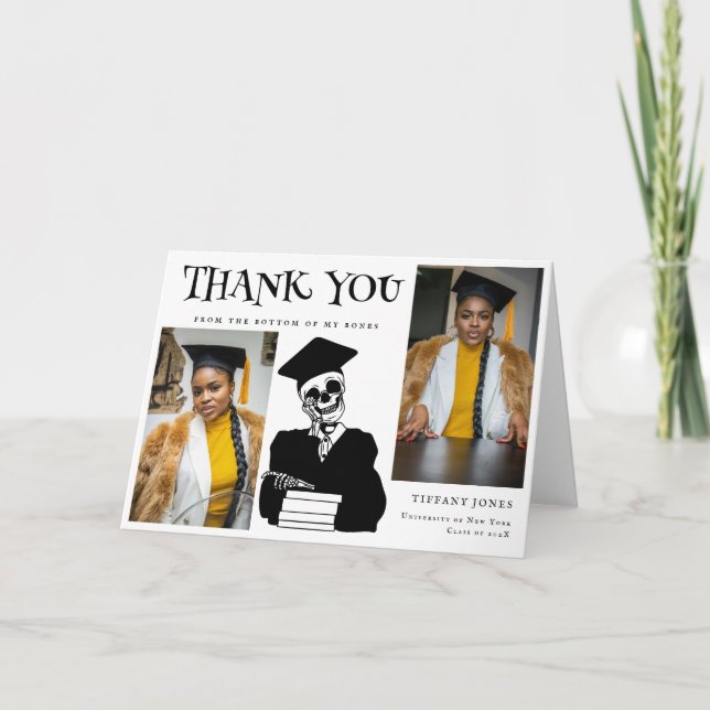 Modern Script Photos Skeleton Graduation Thank You Card (Front)