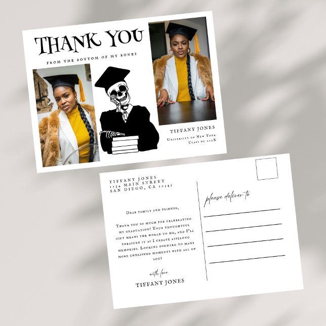 Modern Script Photos Skeleton Graduation Thank You Postcard (Creator Uploaded)