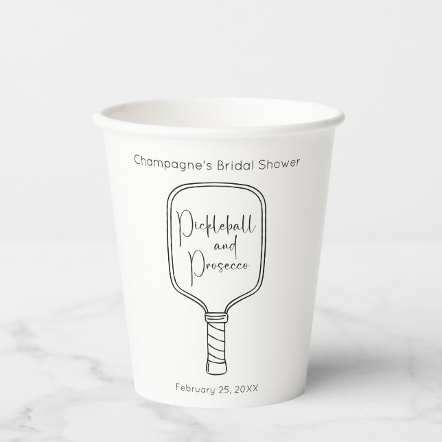 Modern Script Pickleball & Prosecco Bridal Shower Paper Cups (Front)
