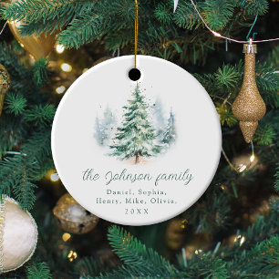 Modern Script Pine Tree Family Christmas  Ceramic Ornament