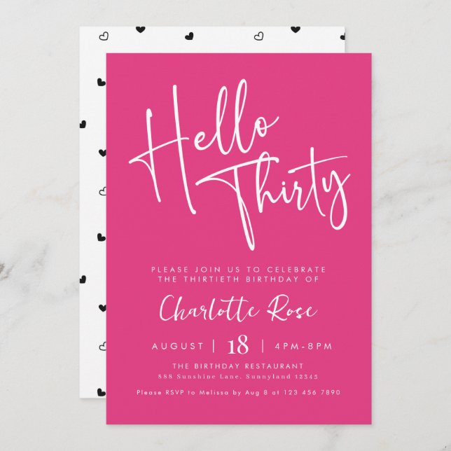 Modern Script Pink 30th Birthday Party Invitation (Front/Back)