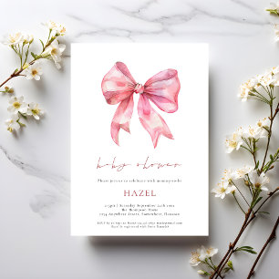 Modern Script Pink Bow Baby Shower Invitation