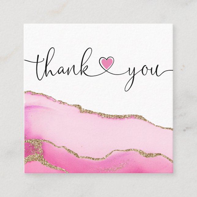 modern script pink heart thank you for your order square business card (Front)