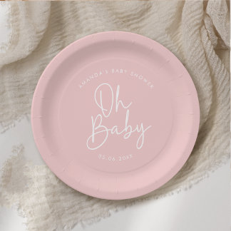 Modern Script Pink Oh Baby Simple Baby Shower Paper Plate