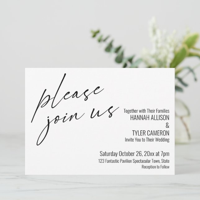 Modern Script Please Join Us Black & White Invitation (Standing Front)