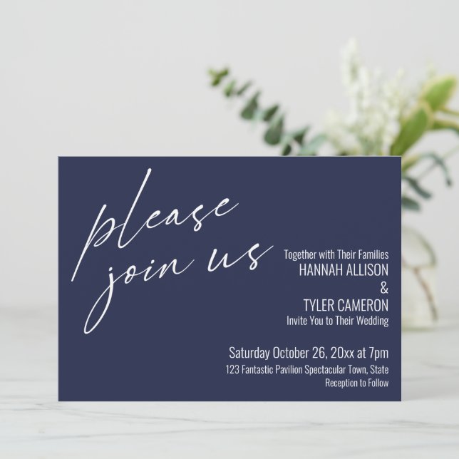 Modern Script Please Join Us Navy Blue Wedding Invitation (Standing Front)