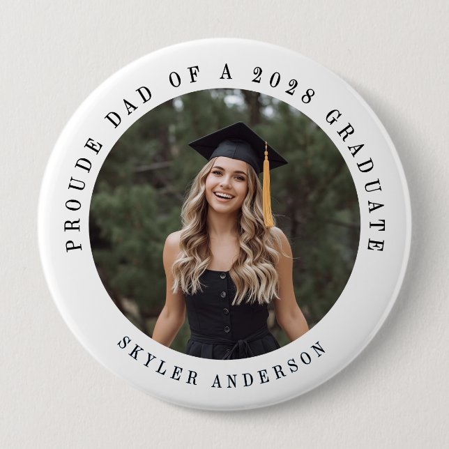 Modern Script Proud Dad Senior Photo Graduation  10 Cm Round Badge (Front)