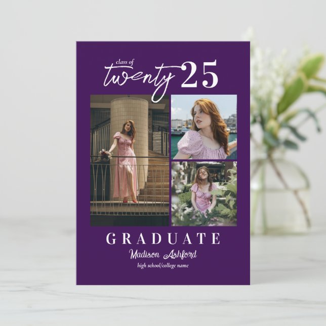 Modern Script Purple 3 Photo Collage Graduation Announcement (Standing Front)