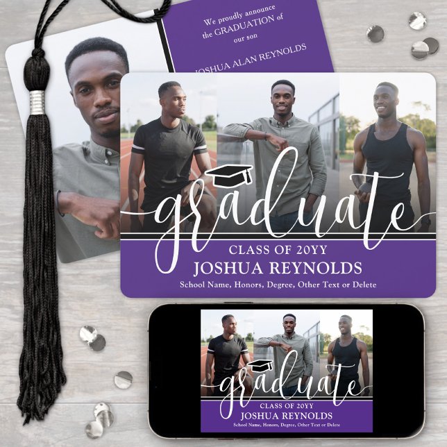 Modern Script Purple and White 4 Photo Graduation Announcement (Creator Uploaded)