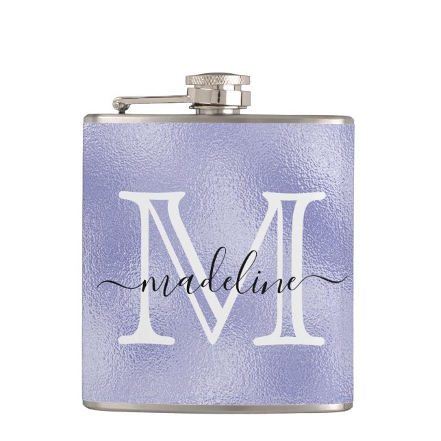 Modern Script Purple Foil Monogram Hip Flask (Front)