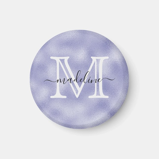 Modern Script Purple Foil Monogram Kitchen Magnet (Front)