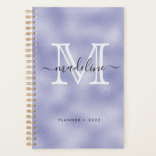 Modern Script Purple Foil Monogram Planner (Front)