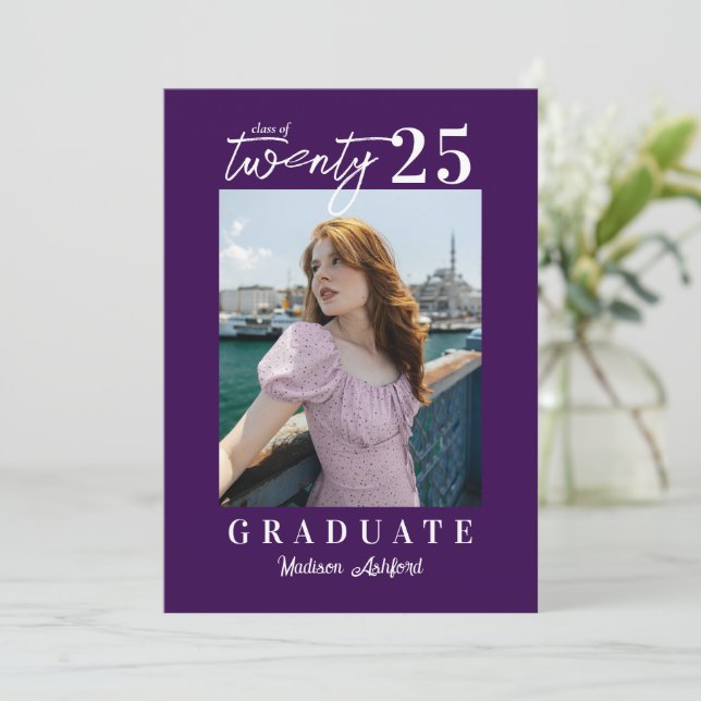 Modern Script Purple Photo Graduation Party Invitation (Standing Front)