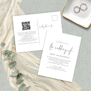 Modern Script QR Code Black and White Wedding Invitation Postcard