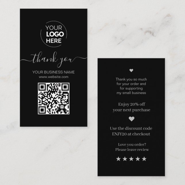 Modern Script QR Code Black Order Thank You Business Card (Front/Back)