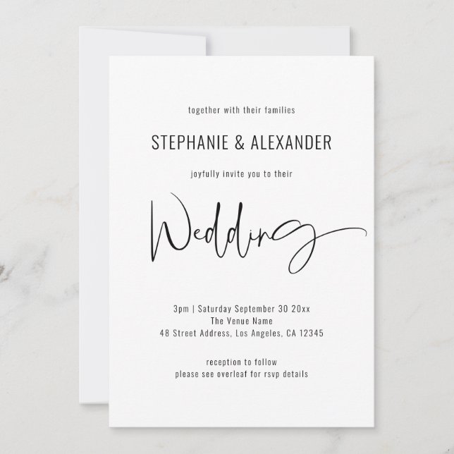 Modern Script QR Code Black White Wedding  Invitation (Front)