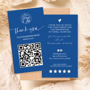 Modern script QR code blue order thank you Business Card