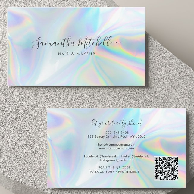 Modern Script QR Code Holographic Cleaning Service Business Card (Modern Holographic Script Hair Stylist Business Card)