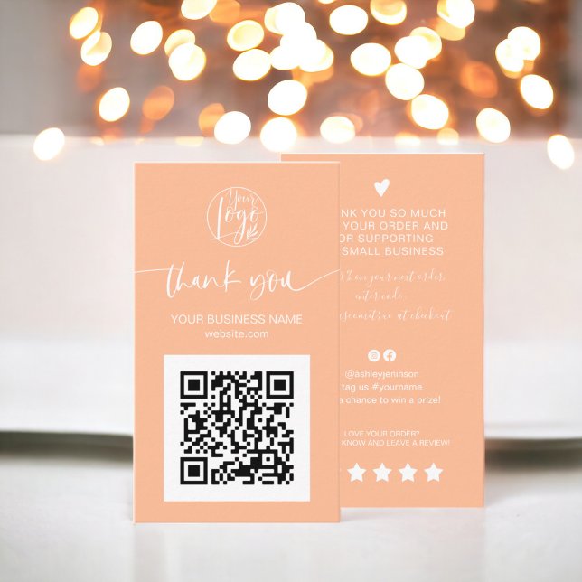 Modern script QR code peach order thank you Business Card (Modern script QR code peach order thank you Business Card)