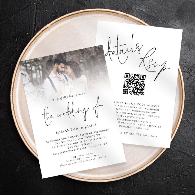 Modern Script QR Code Photo All in One Wedding Invitation (Front and back view, all in one invite, rsvp, details. Available digitally and printed)