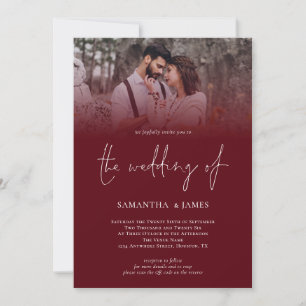Modern Script QR Code Photo Deep Burgundy Wedding Invitation