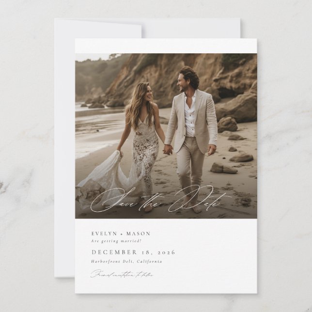 Modern Script QR Code Photo Wedding Save The Date Invitation (Front)