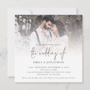 Modern Script QR Code Photo Wedding Square Note Ca Invitation