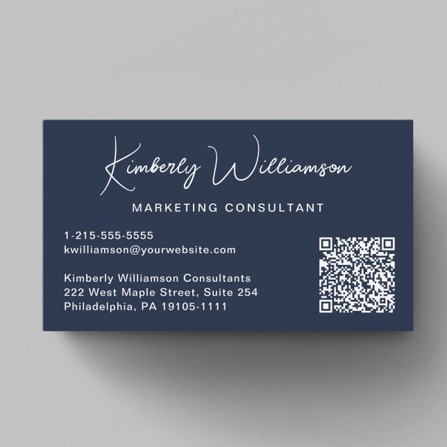 Modern Script QR Code Professional Blue Business Card (Modern Script QR Code Professional Blue Business Card)