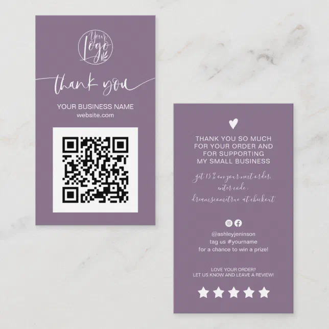 Modern script QR code purple order thank you Business Card | Zazzle