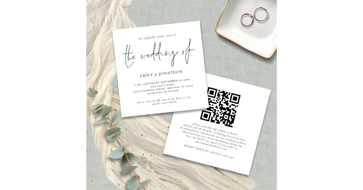 Answer Booklet Script Qr Code Photo Modern Script QR Code Square Wedding Invitation | Zazzle