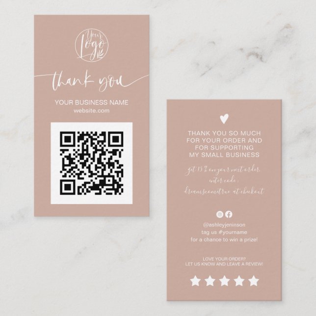 Modern script QR code tan peach order thank you Business Card (Front/Back)