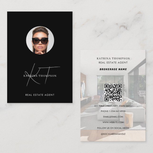 Modern Script Real Estate Photo Realtor QR Code Business Card (Front/Back)