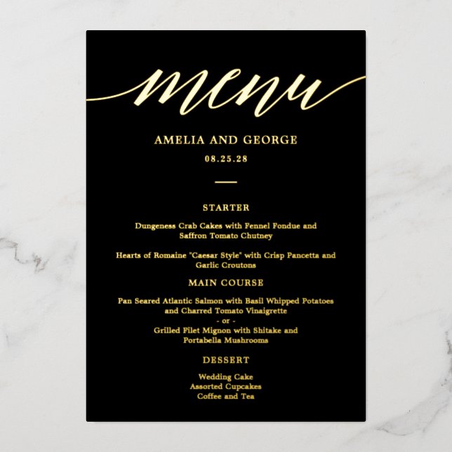 Modern Script REAL FOIL Elegant Menu Card (Front)