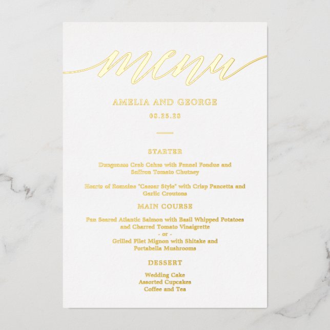 Modern Script REAL FOIL Elegant Menu Card (Front)