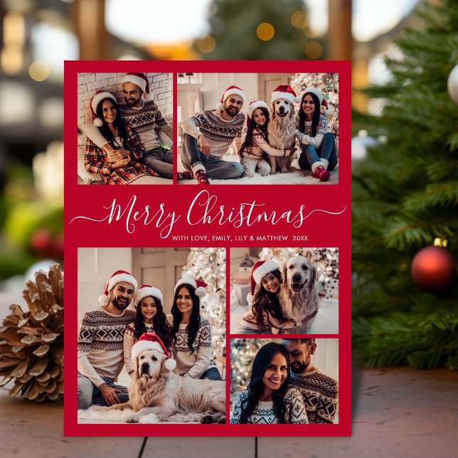 Modern Script Red 5 photo Collage Christmas  Postcard (Creator Uploaded)