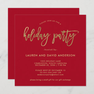 Modern Script   Red and Faux Gold Holiday Party Invitation