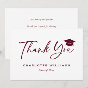 Modern Script Red and White Graduation Cap Thank You Card