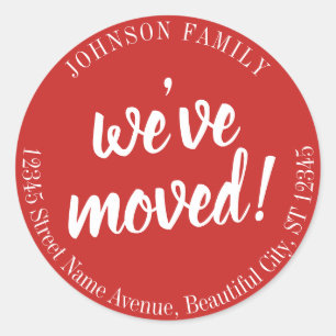 Modern Script Red Maroon We've Moved New Address Classic Round Sticker
