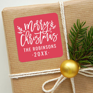 Modern Script Red Merry Christmas Family Name Square Sticker