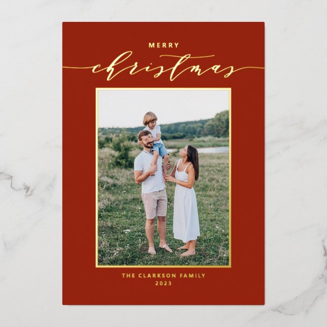 Modern Script Red Merry Christmas Photo Foil Holiday Card (Front)