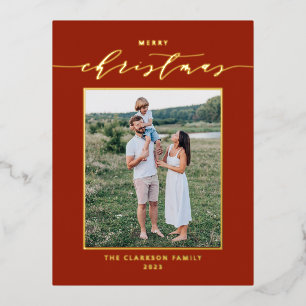 Modern Script Red Merry Christmas Photo Foil Holiday Postcard