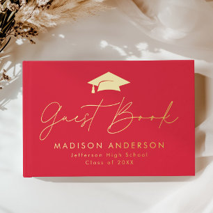 Modern Script Red Photo Graduation Guest Book