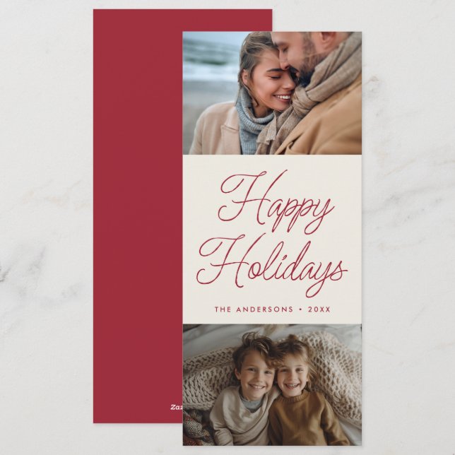 Modern Script Red Two Photo Tall Christmas Holiday Card (Front/Back)