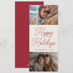 Modern Script Red Two Photo Tall Christmas Holiday Card