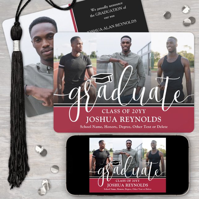 Modern Script Red White & Black 4 Photo Graduation Announcement (Creator Uploaded)