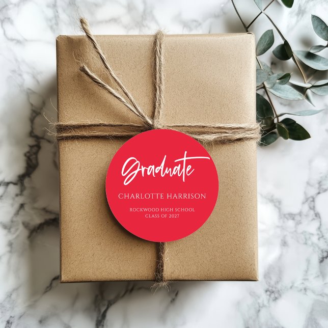 Modern Script Red White Graduation Classic Round Sticker (Creator Uploaded)